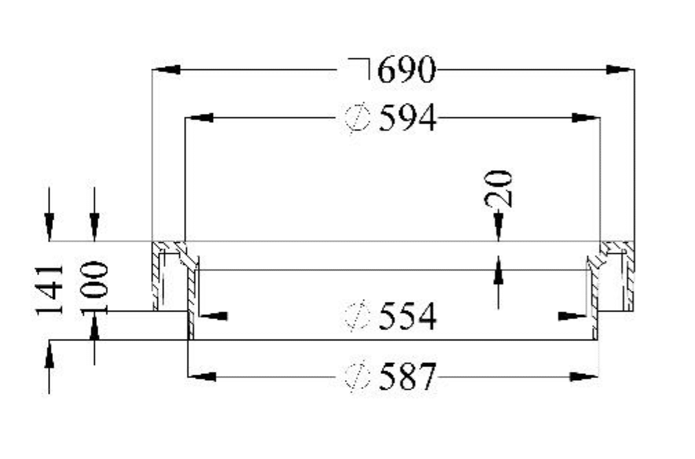 222683651_01 streg 1 » Kloakgods Cross-sectional mechanical drawing of a rectangular housing with end flanges, showing overall length 1690 and bore details Ø594, Ø587, and Ø554 with wall thicknesses 141 and 100 and a 20 mm inner gap.
