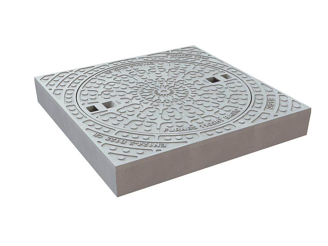 222683651_01 » Kloakgods Square concrete manhole cover with a detailed circular embossed pattern and surrounding text bands (drain access).