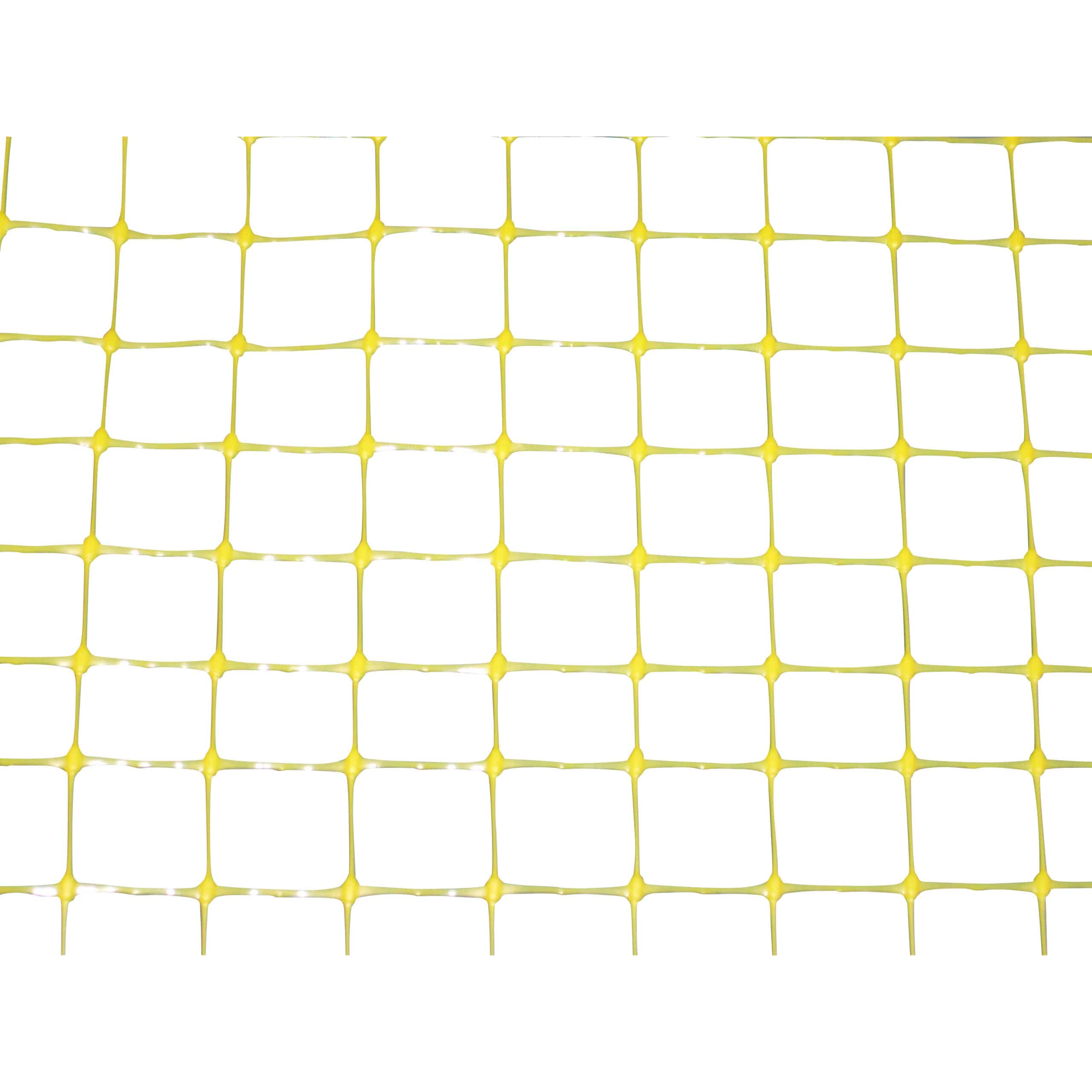 Close-up of yellow plastic mesh with square openings and rounded nodes, showing a grid pattern.