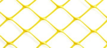 Close-up of a yellow plastic lattice fence with diamond-shaped openings.