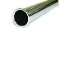 Shiny metal pipe lying on a white surface, with the hollow end facing the camera.