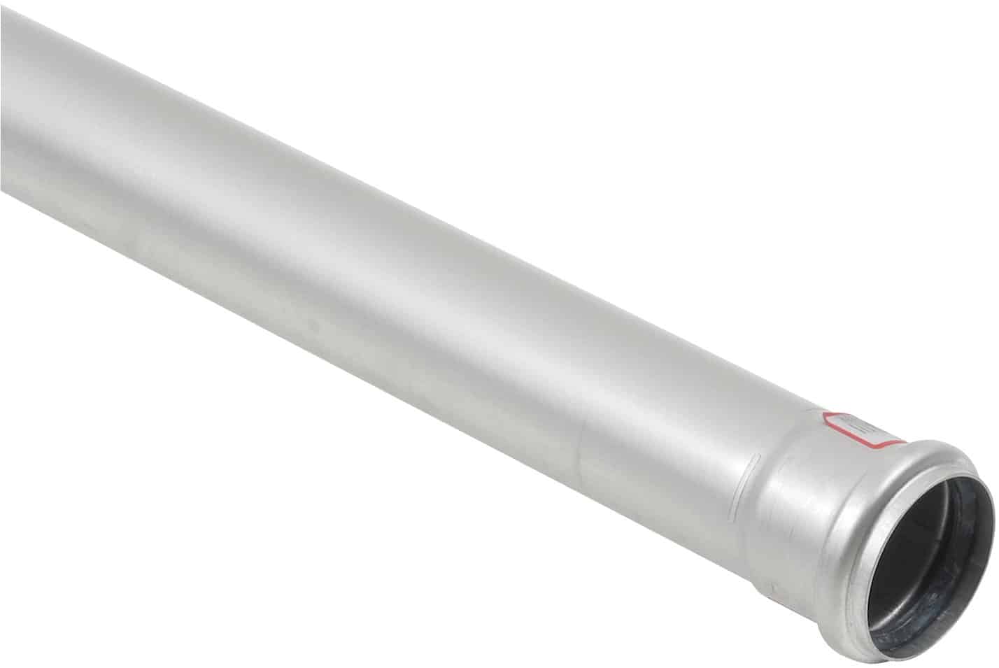 Long silver HVAC duct pipe with a flared end, isolated on white background