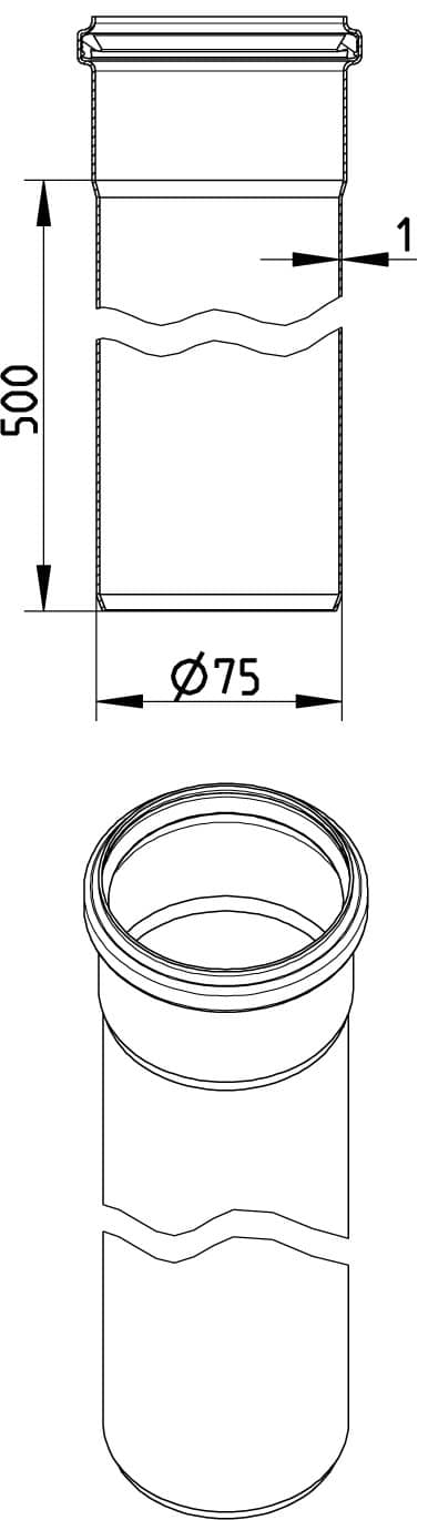 Technical drawing of a cylindrical bottle with a screw neck and cap, shown in front and isometric views, with overall height 500 mm and outer diameter 75 mm.
