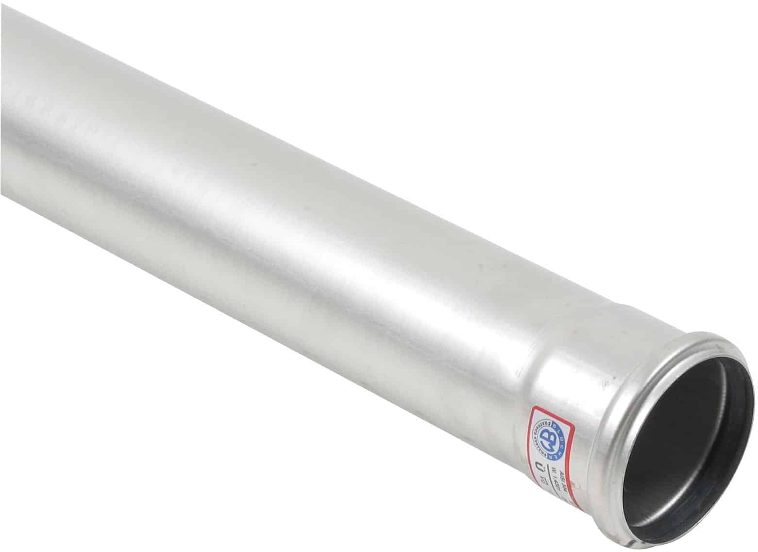 Shiny cylindrical stainless steel exhaust pipe with open end, angled to the right