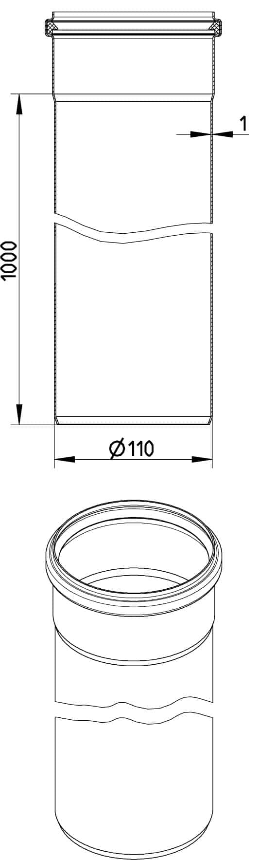 Tall cylindrical bottle with a screw-on cap; outer diameter Ø110 and height 1000 (units implied); includes cross-section showing wall thickness and neck area.