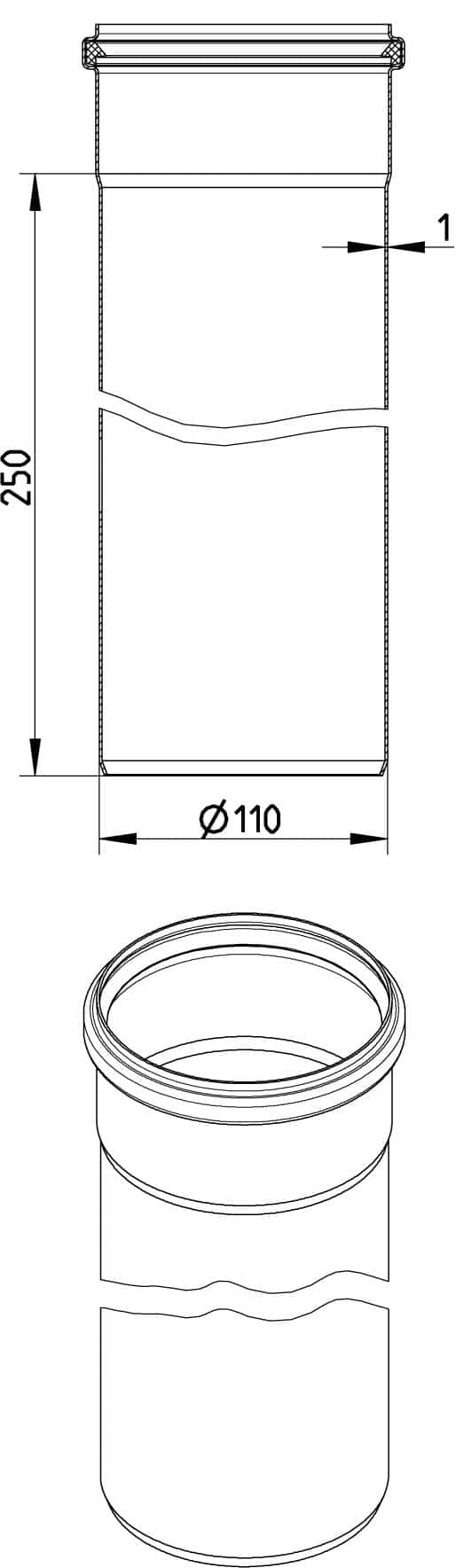 Cylindrical jar with screw-cap shown in a front cross-section (250 mm tall, Ø110 mm) and an isometric view below.