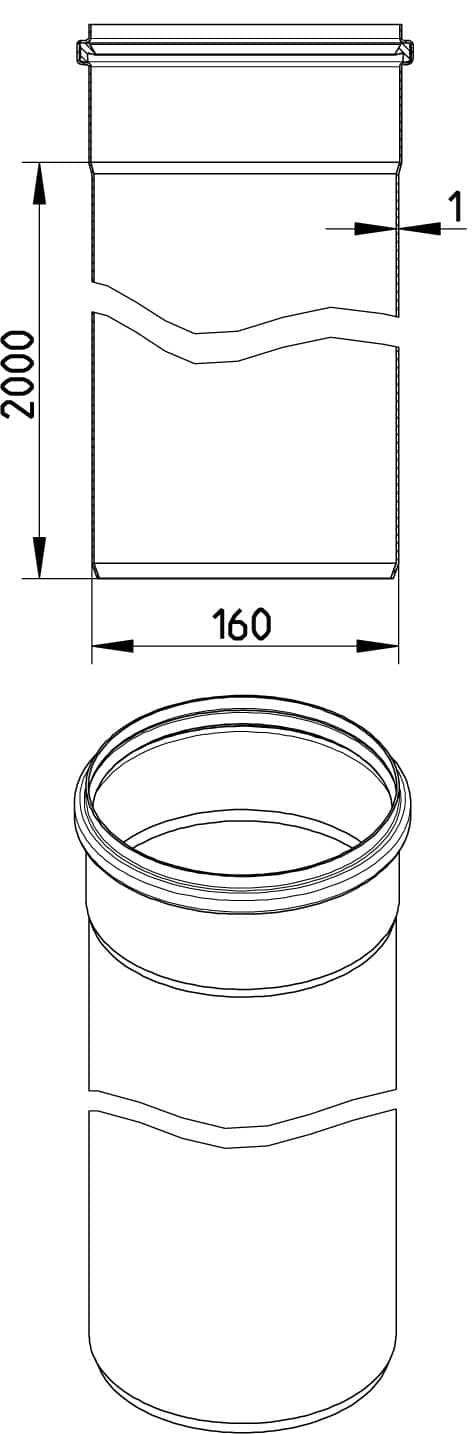Front and isometric views of a tall cylindrical container with a screw-on lid; diameter 160 mm, height 2000 mm.