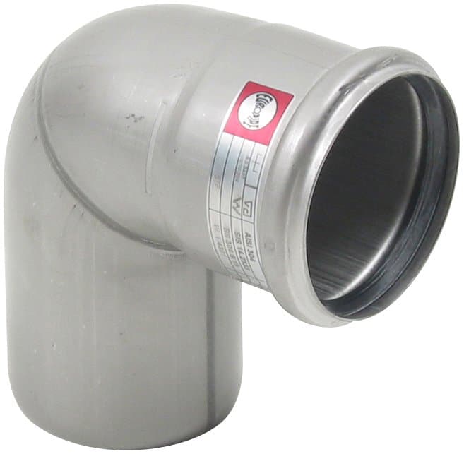 Metal 90-degree pipe elbow fitting with a welded end, used in plumbing/vent systems