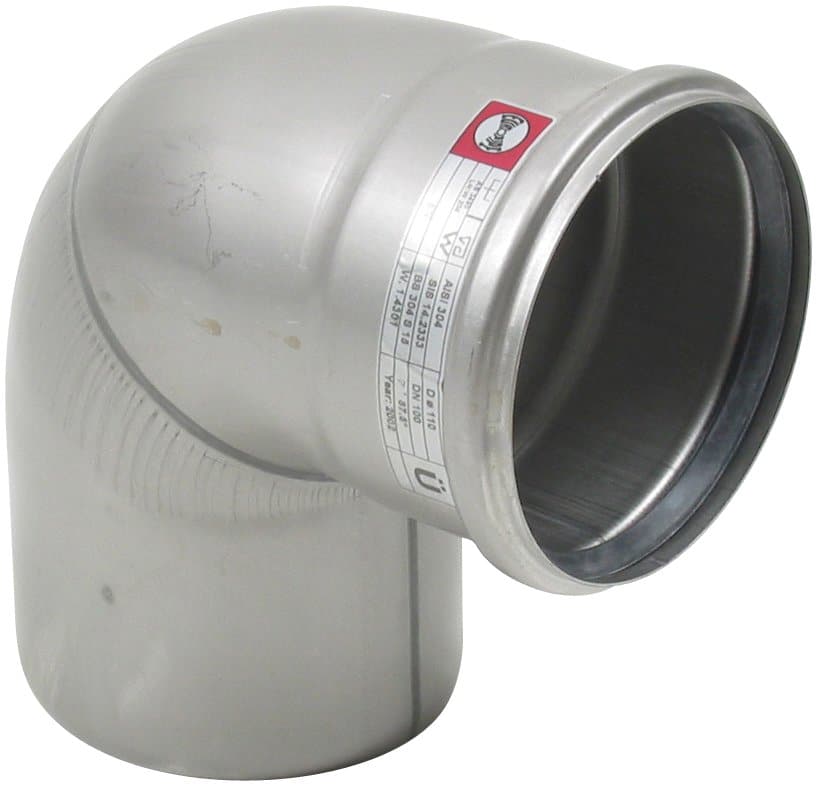 90-degree metal duct elbow for HVAC ventilation with attached labeling sticker on the outside edge