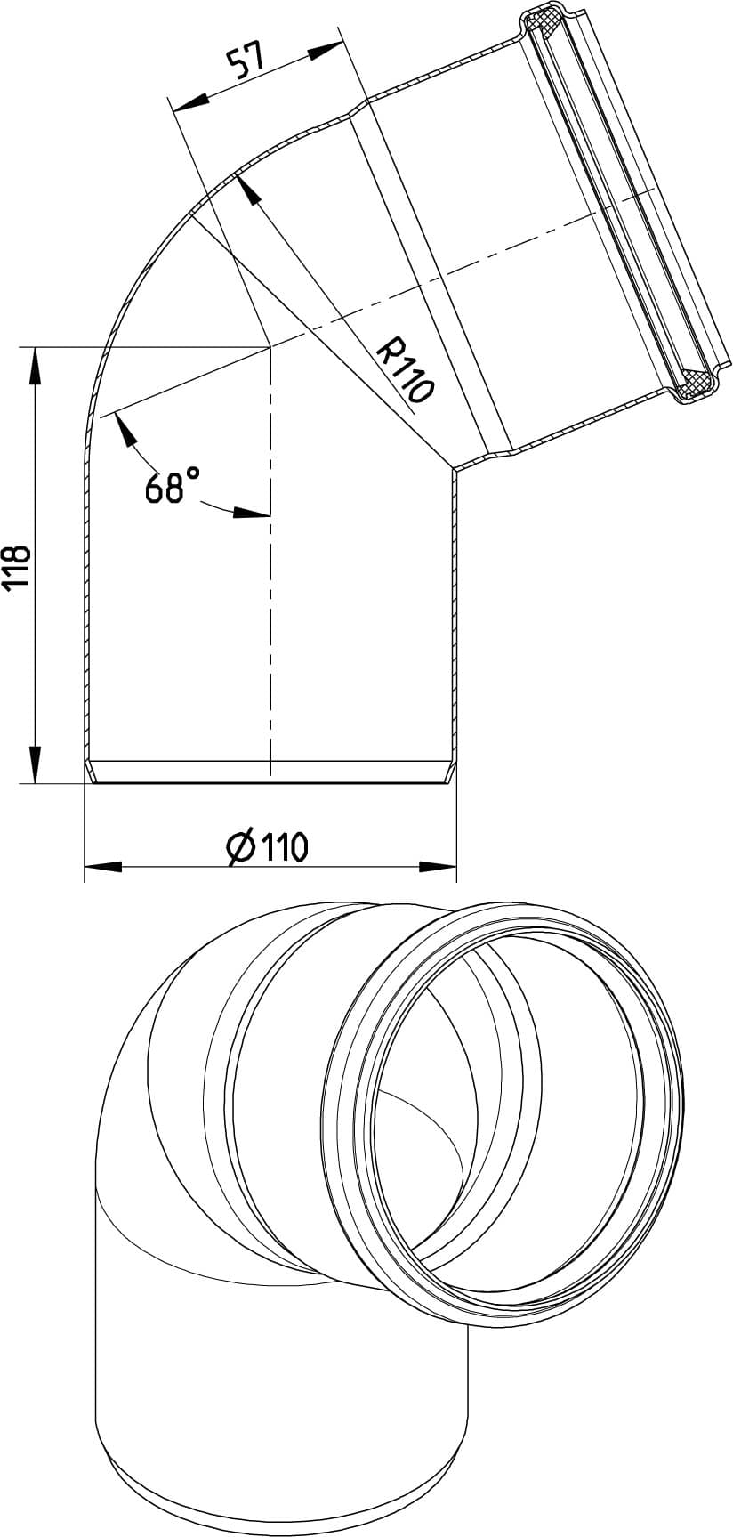 Technical drawing of a 110 mm duct elbow with 68° bend (R110), overall height 118 mm, outlet Ø110, in cross-section.