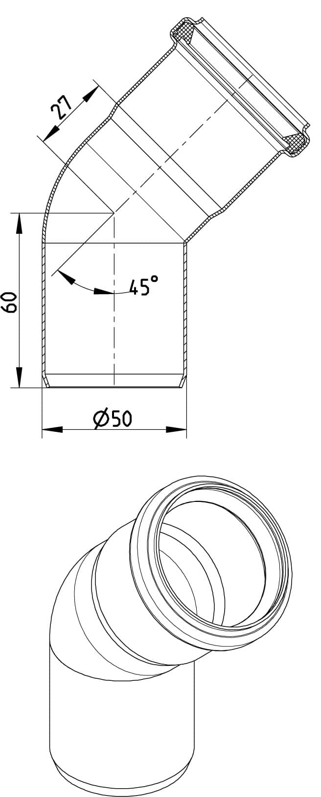 Technical drawing of a cylindrical duct elbow: side view shows a 50 mm diameter tube with a 45° bend and flanged end; overall height 60 mm, bend length 27 mm. An isometric view reveals the hollow bore and connector opening.