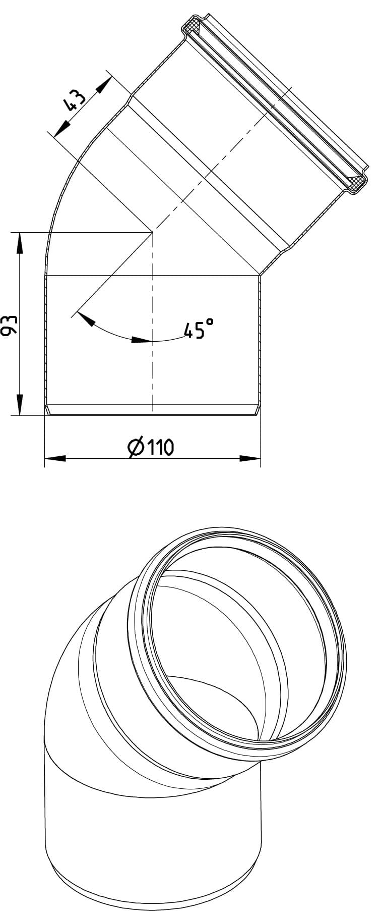 Engineering drawing of a 110 mm diameter duct elbow with a 45° bend, overall height 93 mm, bend section length 43 mm, shown with end-view and angled connection.