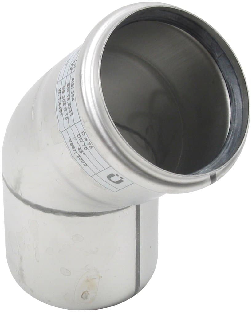 Stainless steel 90-degree pipe elbow fitting used in plumbing, shown from a side angle with its marking label visible