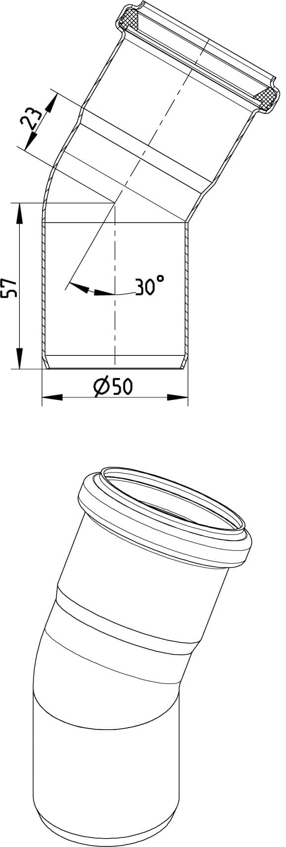 Engineering drawing of a 50 mm pipe elbow with a 30° bend; shows cross-section with 57 mm length and 50 mm diameter, plus an isometric view of the connector.