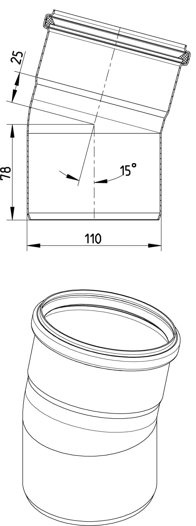CAD-style drawing of a cylindrical bottle neck and cap, showing dimensions: 110 mm diameter, 78 mm body height, top portion 25 mm, and a 15° chamfer/angle; includes isometric cap view with threaded features.
