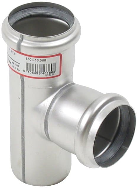 Metal plumbing T-fitting with three openings and a red barcode label