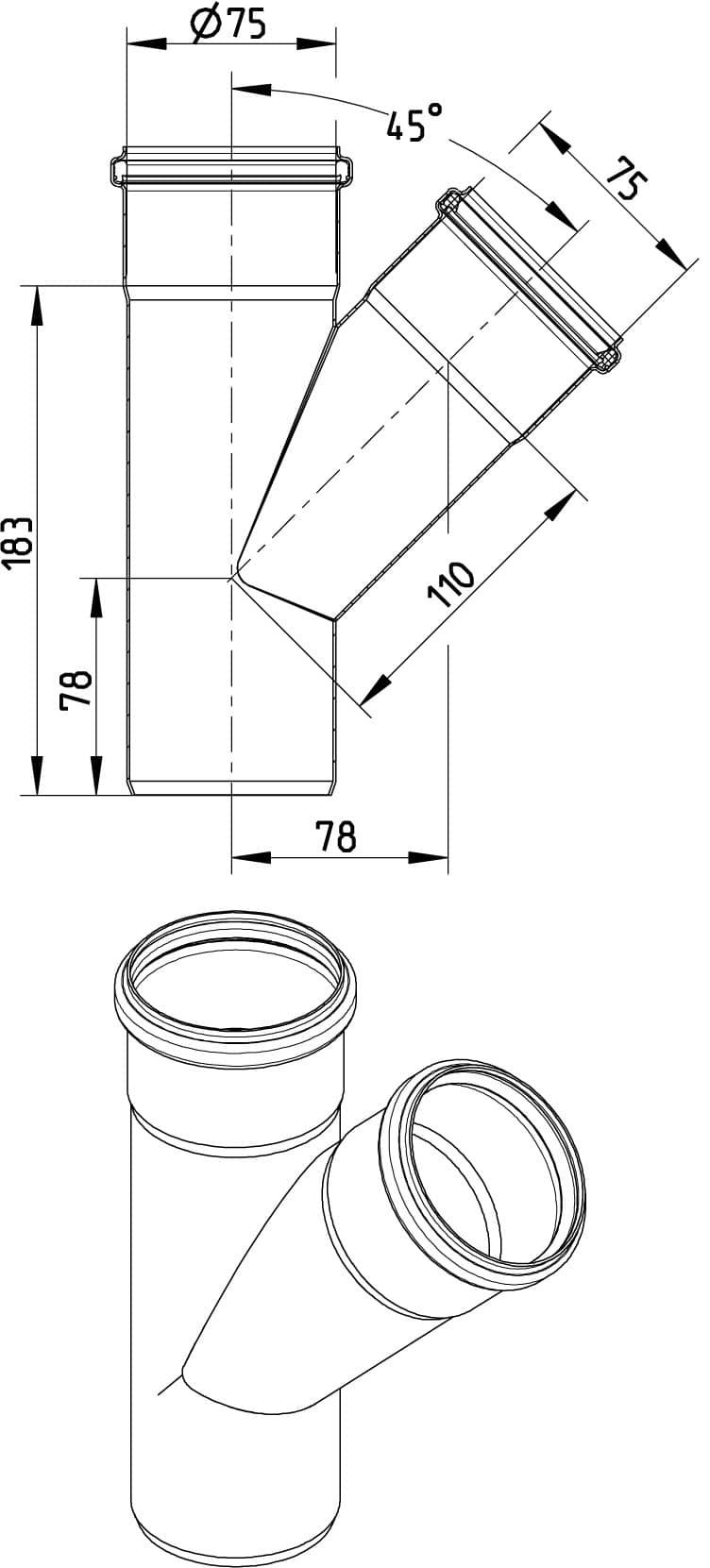 Technical drawing of a 75 mm pipe fitting with a 45° branch, showing front view with key dimensions and an isometric view.