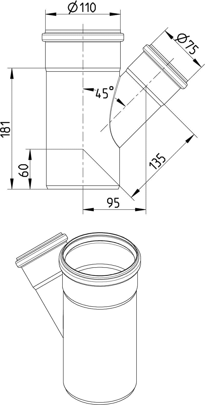 Technical drawing of a vertical pipe fitting with a 45-degree elbow and flanged top: outer diameter Ø110 mm, side outlet Ø75 mm, overall height 181 mm; base dimensions 60 mm, projections 95 mm and 135 mm.