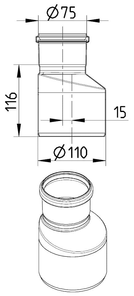 Technical drawing of a bottle neck adapter with threaded top; shows Ø75 top, Ø110 body, height 116 mm, and 15 mm shoulder dimension; includes a 3D view.