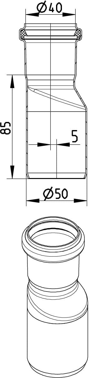 Cross-section of a plastic bottle neck adapter: top Ø40, bottom Ø50, height 85, threaded top edge.