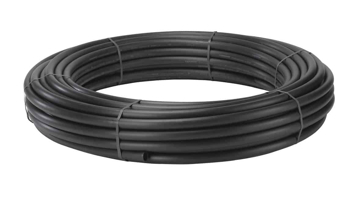 Coiled black plastic tubing tied with zip ties