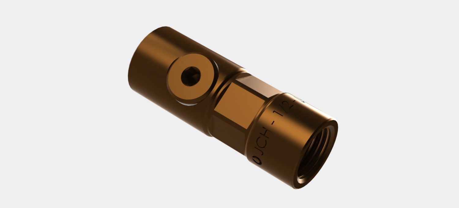 Copper-colored metal connector with a threaded end, photographed at an angle.