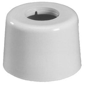 White plastic end cap with a hollow center, designed to fit over the end of a tube or furniture leg.”,