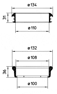 Two cross-section drawings of cylindrical components with dimensions: top shows outer Ø134 mm, inner Ø110 mm, and height 31 mm; bottom shows outer Ø132 mm, inner Ø100 mm, and height 36 mm.