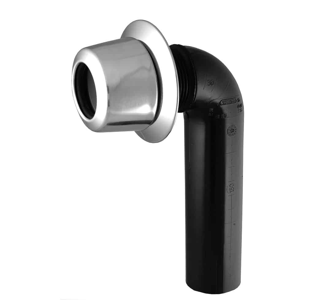 90-degree plastic pipe elbow with a metal compression adapter on the outlet, shown in black and silver