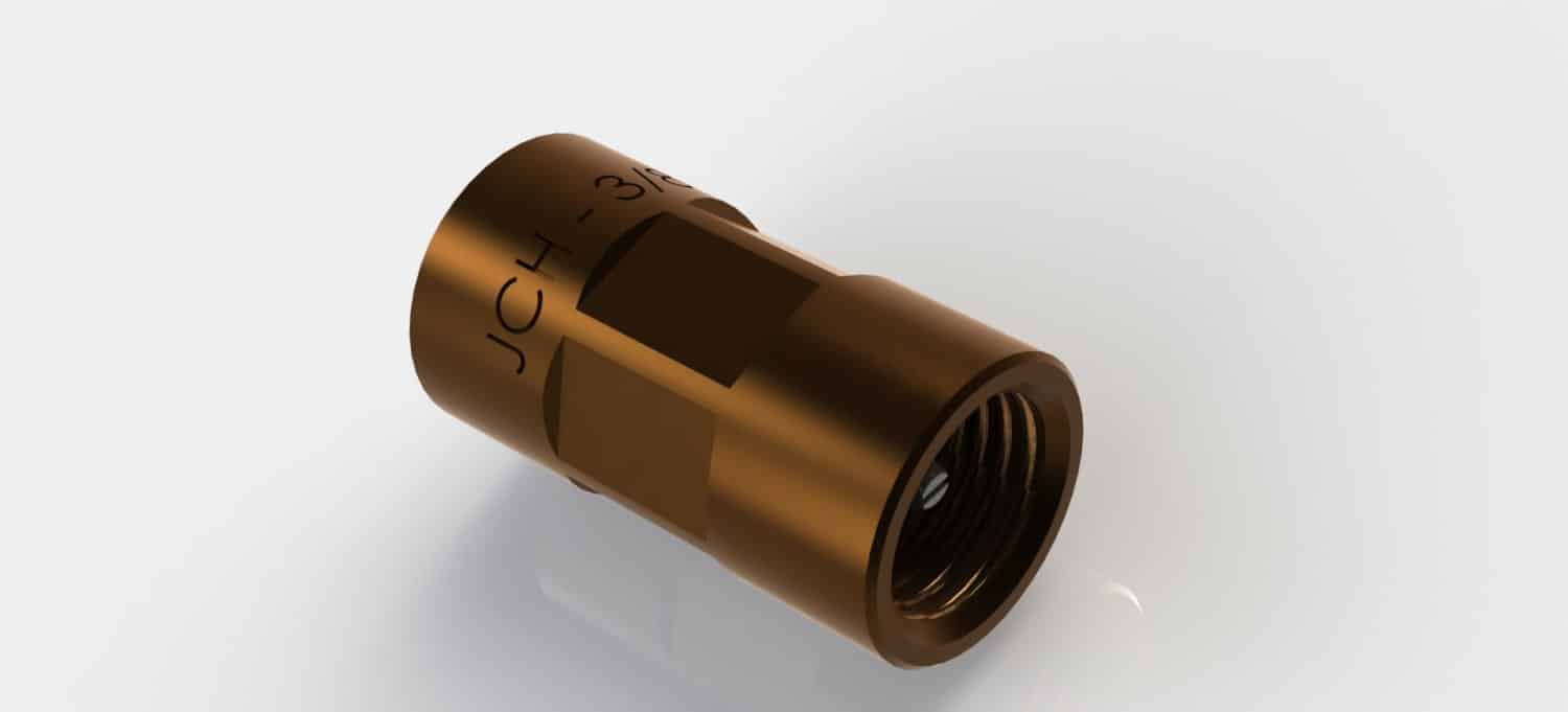 Copper-colored cylindrical pipe fitting with internal threads, viewed at an angle on a light background.