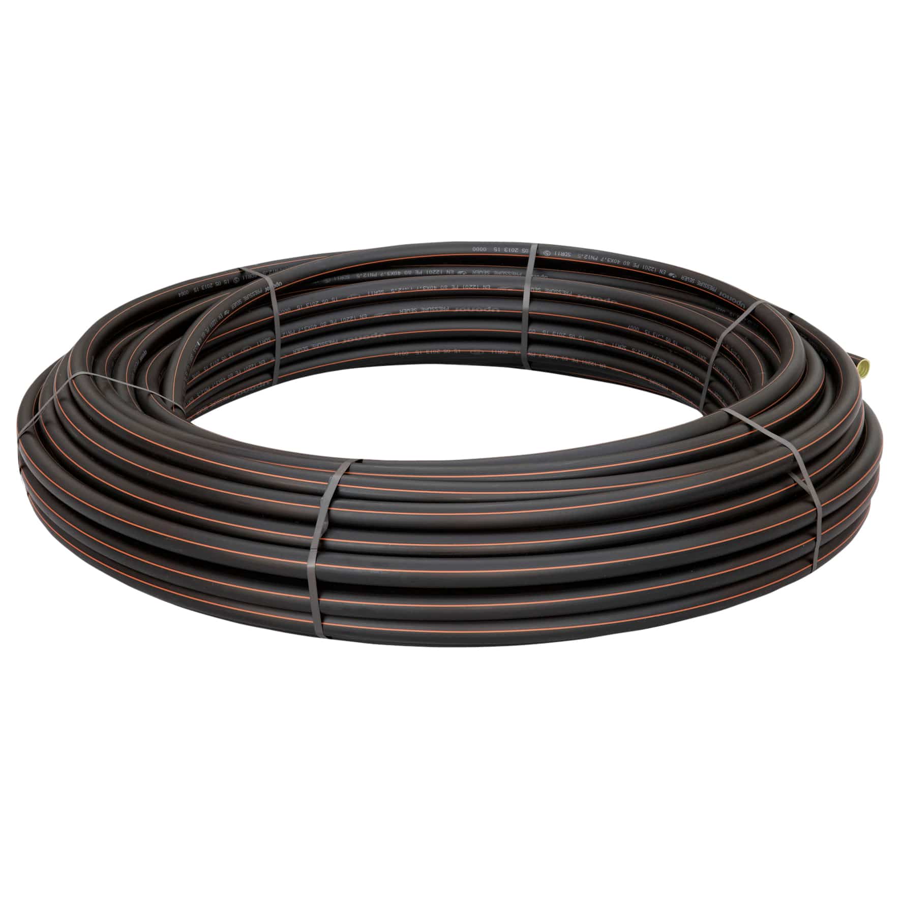 Coiled black electrical cable with an orange stripe, secured with zip ties.