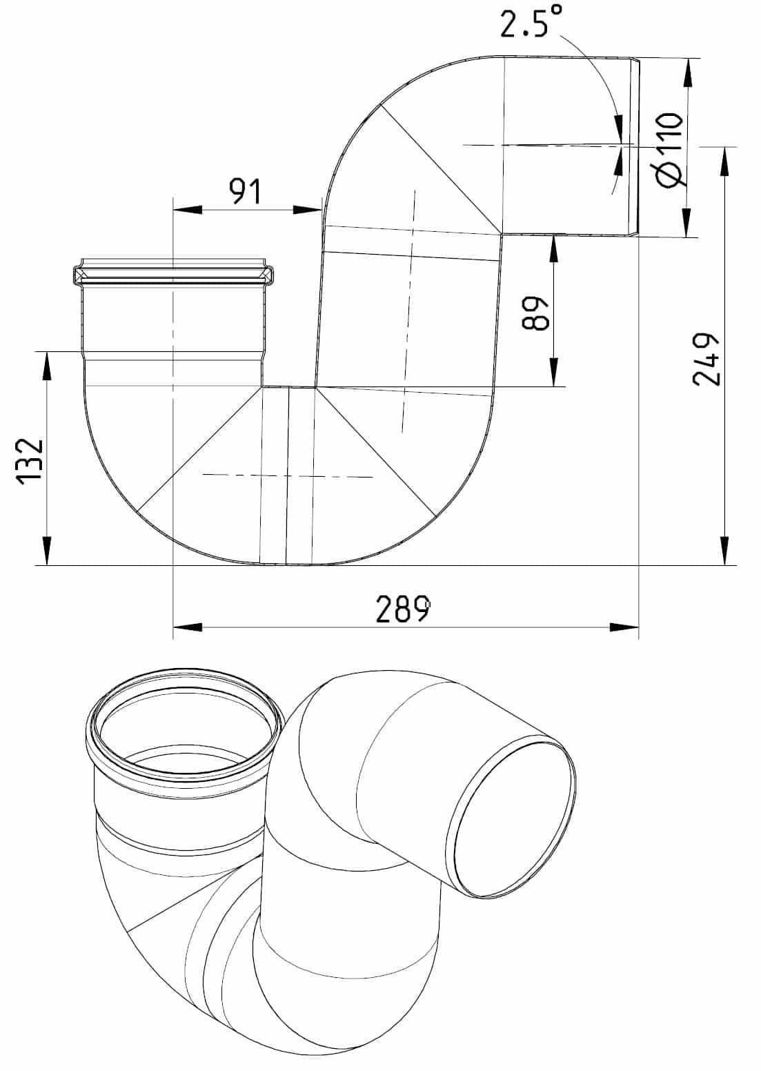 Two-view drawing of a 100 mm diameter 90-degree elbow duct fitting: a side view with overall length 289 mm and vertical rise 249 mm, plus isometric view showing the curved elbow and two straight ends.