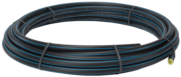 Coiled black flexible hose with blue stripes tied in two places; one end has a yellow connector.