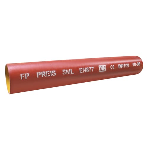 Red pipe segment with white stamped markings including EN877 and DN100