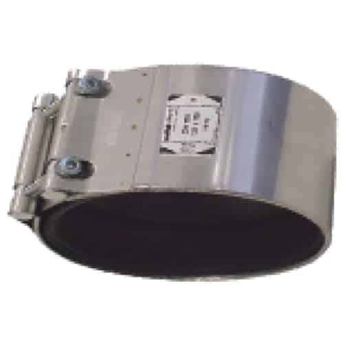 Circular metal duct collar with clamps, isolated on white background.