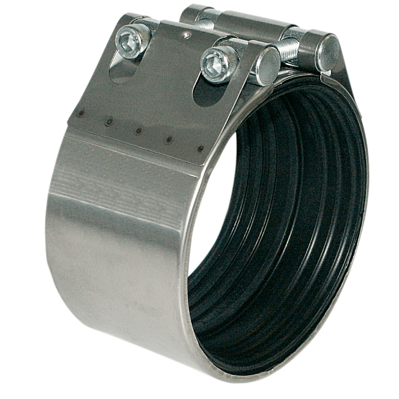Metal hose clamp with a screw-tightened band and bolts, used to secure a hose or pipe