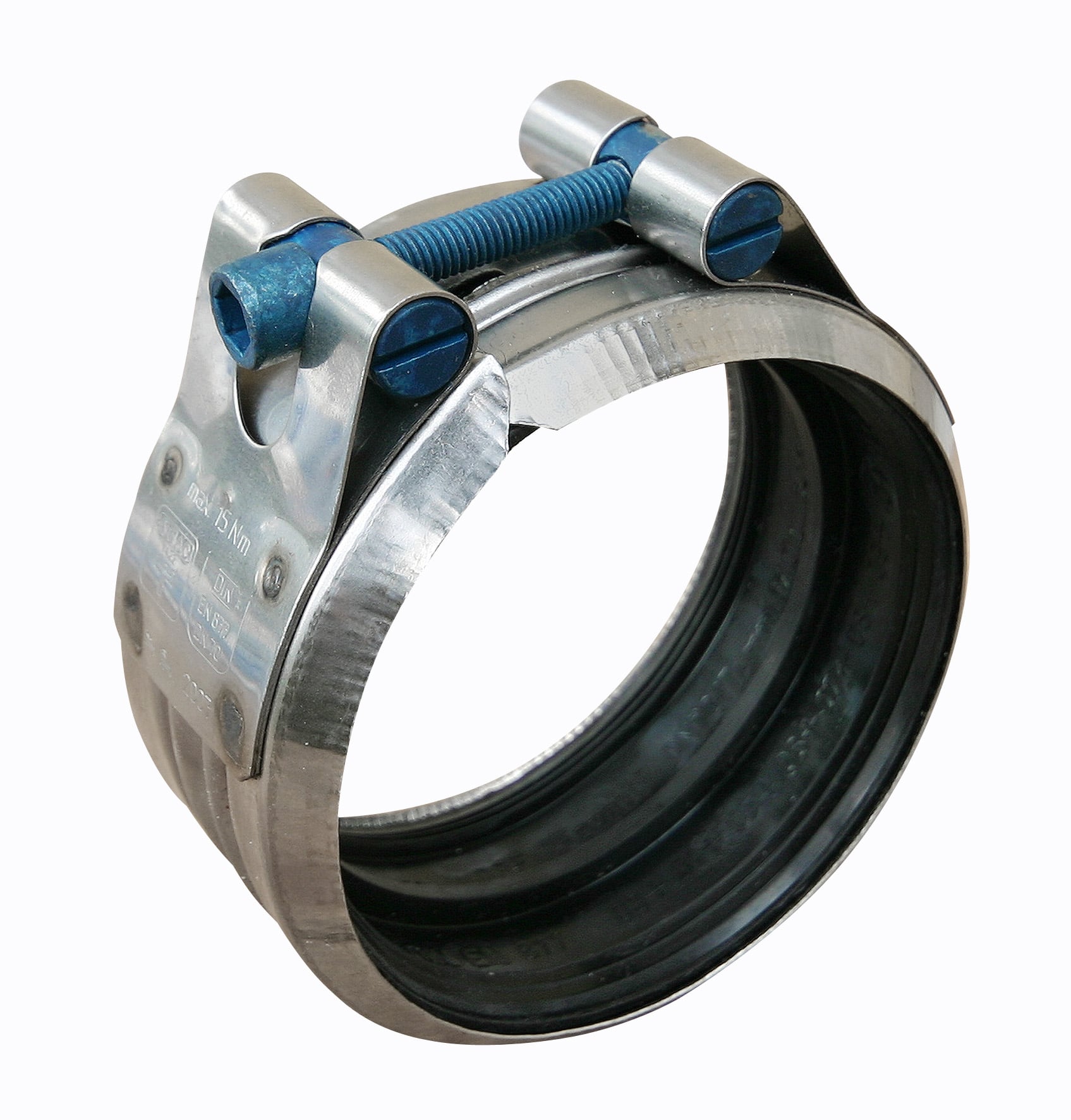 Metal band clamp with blue tightening screws securing a circular pipe or hose connection