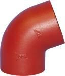 Red 90-degree metal pipe elbow fitting used in tubing systems.