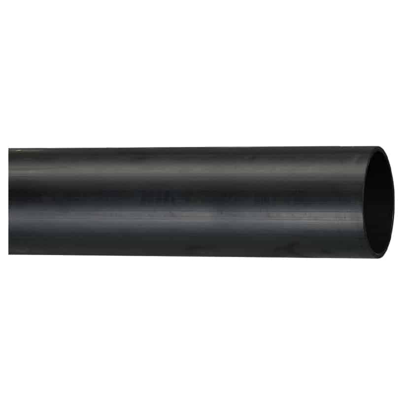 Close-up of a black plastic pipe extending horizontally, with a hollow circular end visible on the right side.