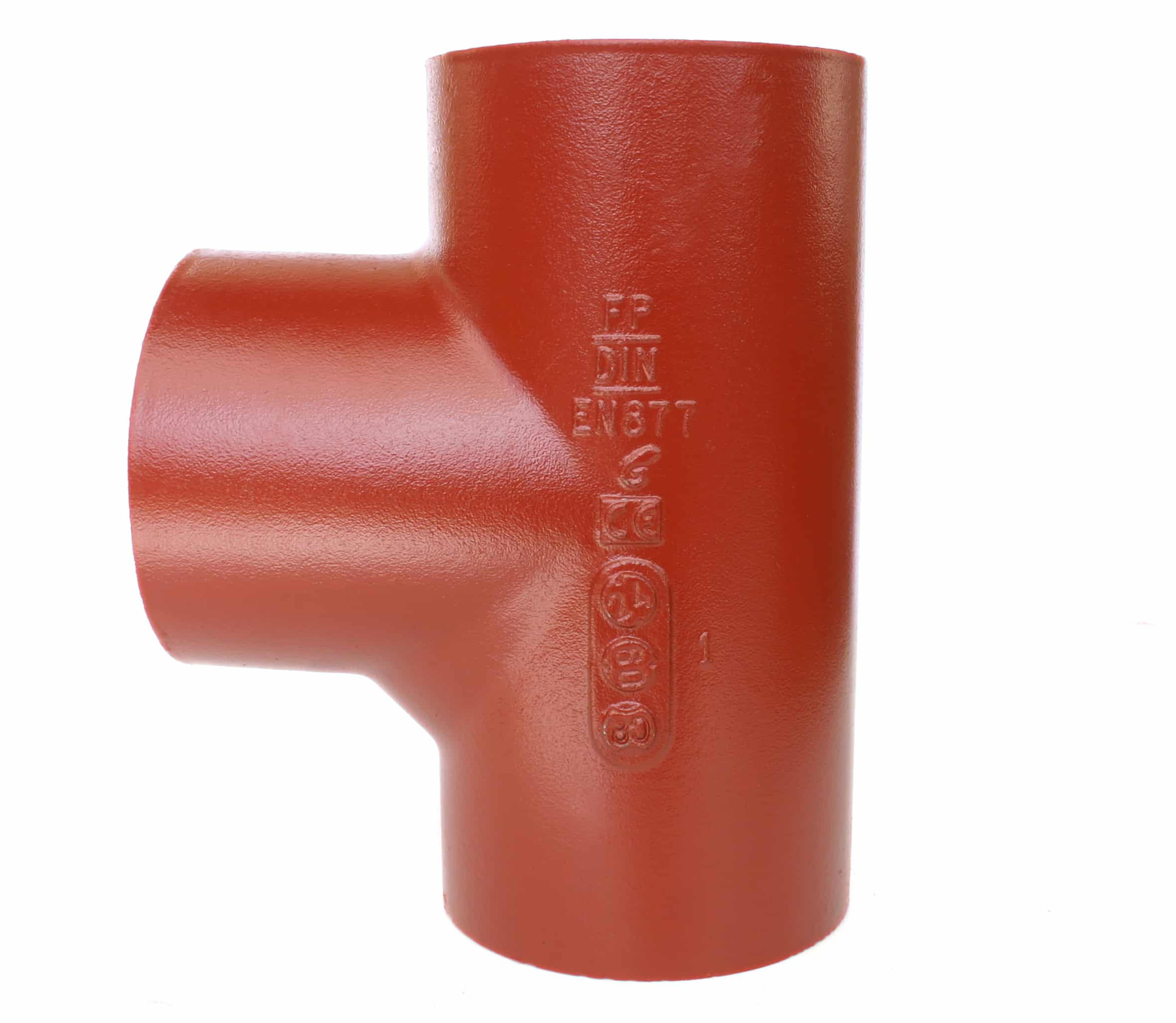 Close-up of a red pipe elbow/tee fitting with embossed markings and a curved junction visible on a white background, indicating a plumbing component.