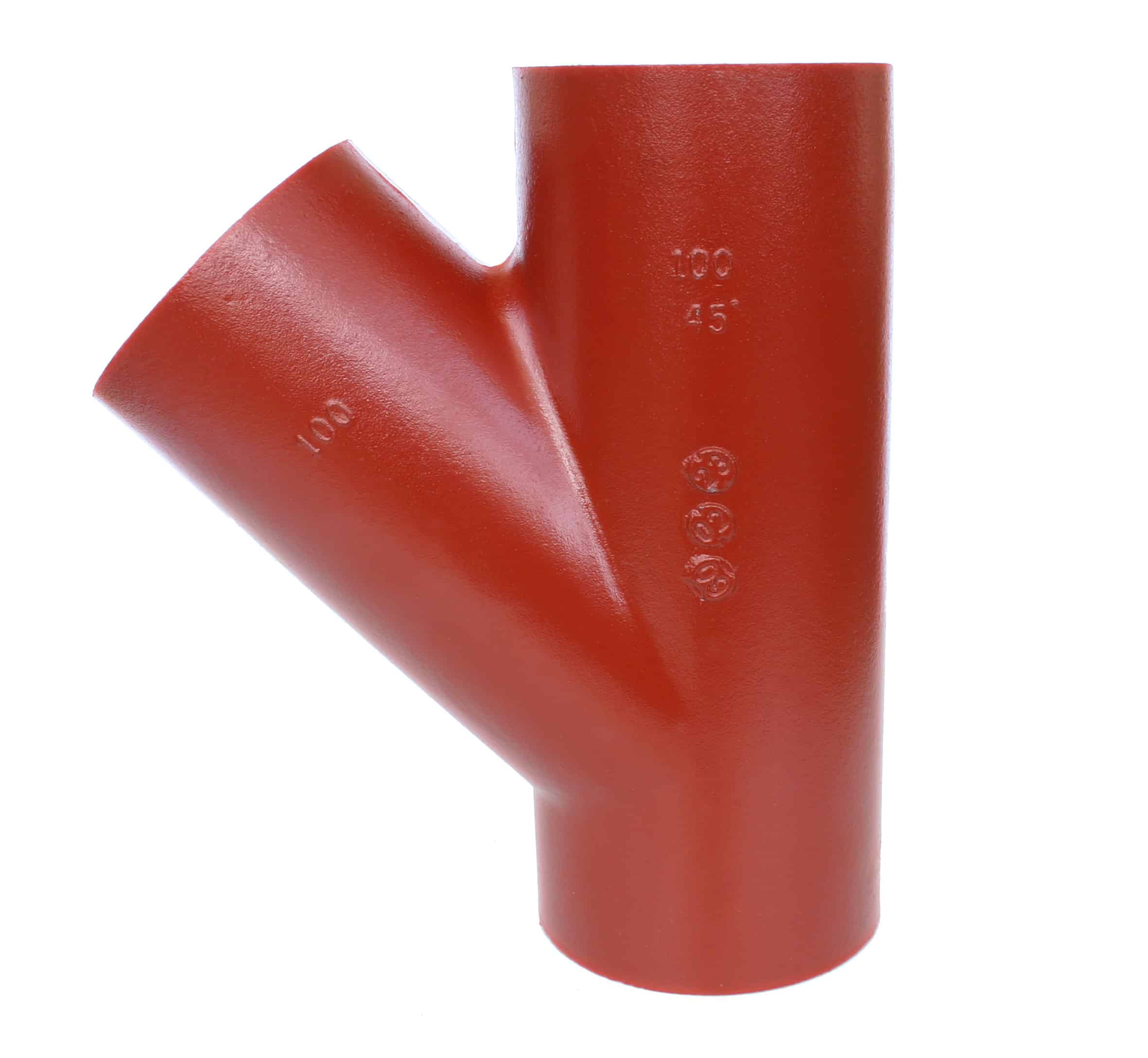 Red PVC 90-degree elbow pipe fitting against a white background with embossed size markings visible (100, 15).