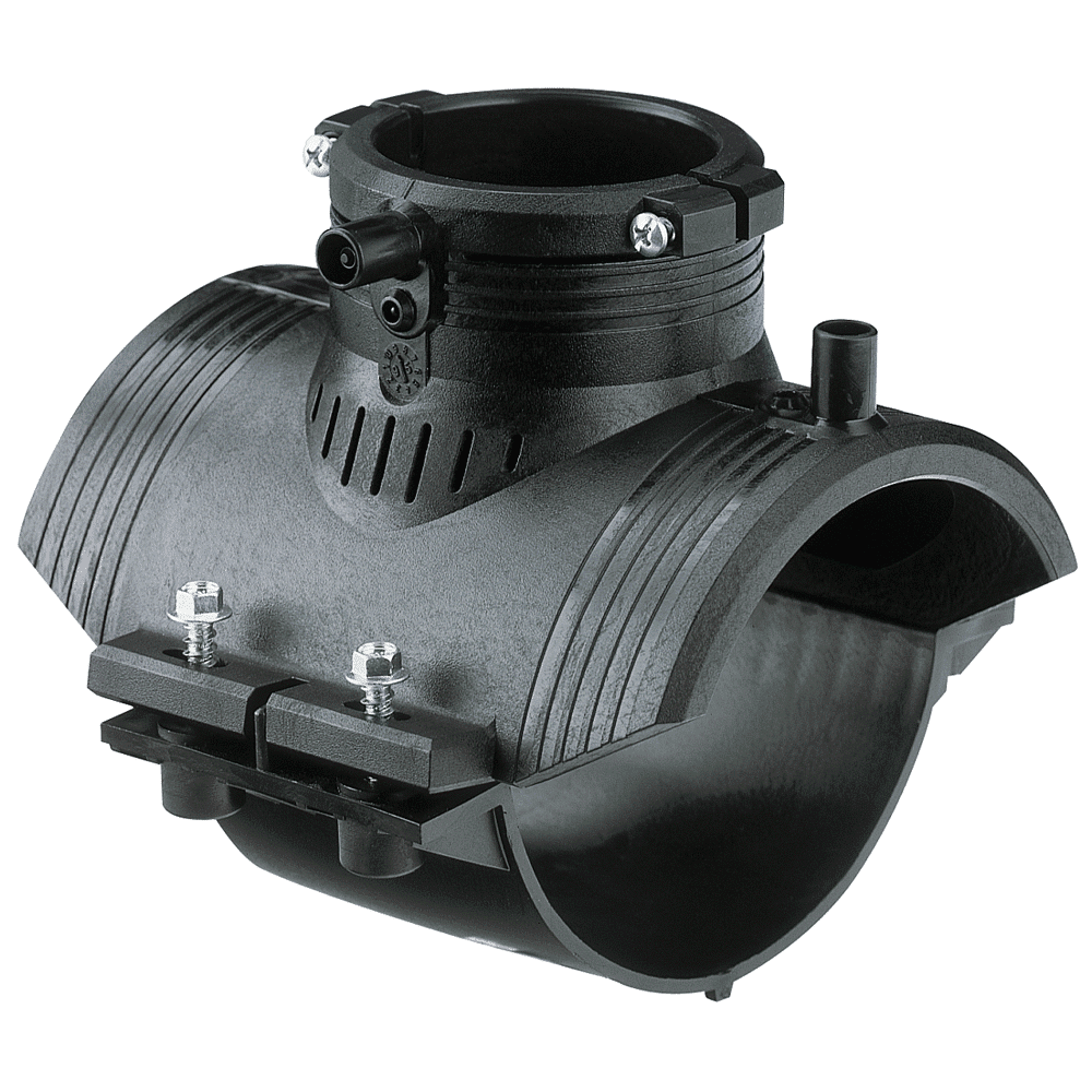 Black plastic pipe repair coupling with two bolted clamps and a circular opening for a pipe, used in irrigation/plumbing.