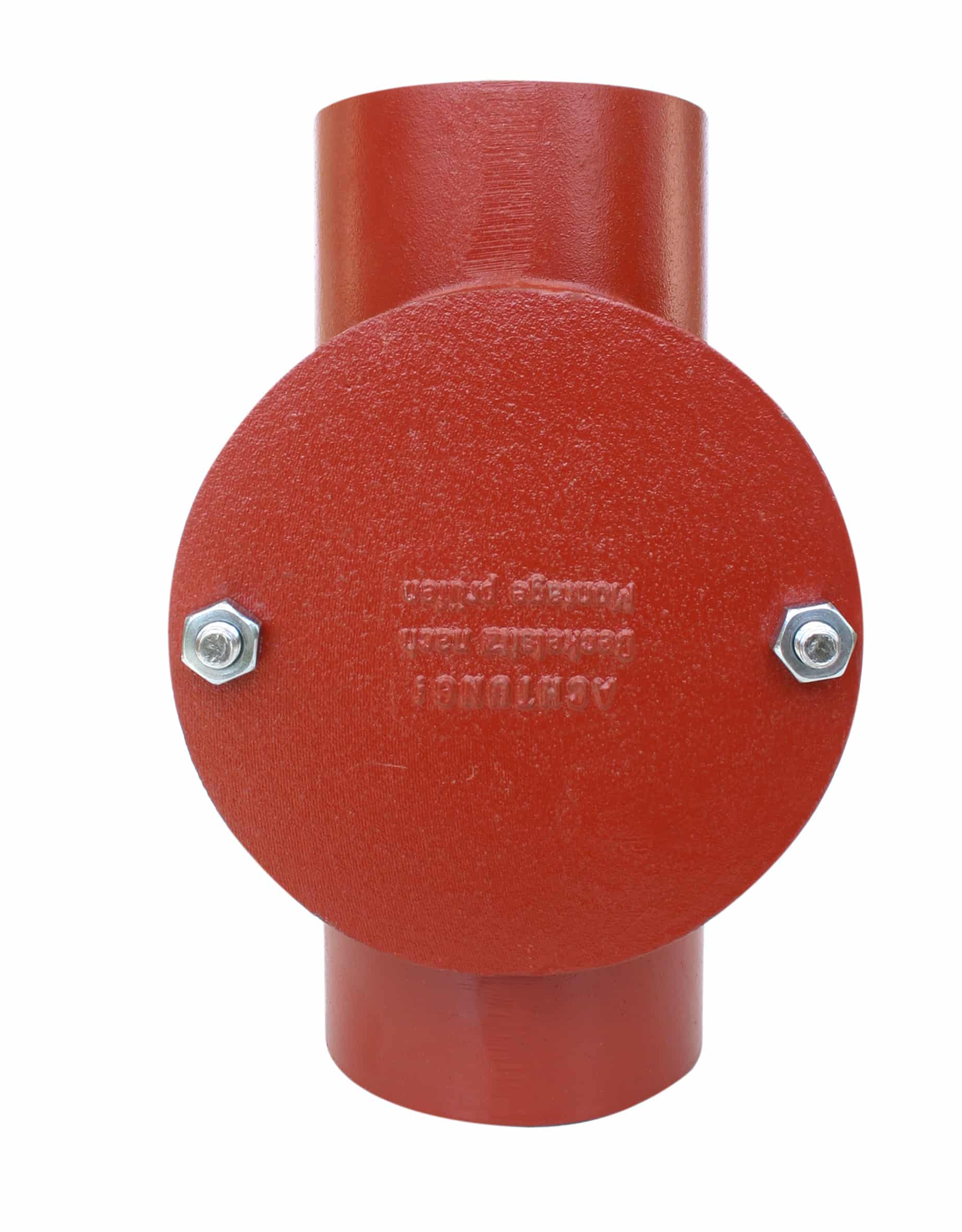 Close-up of a red circular valve flange with two silver bolts on a red pipe.