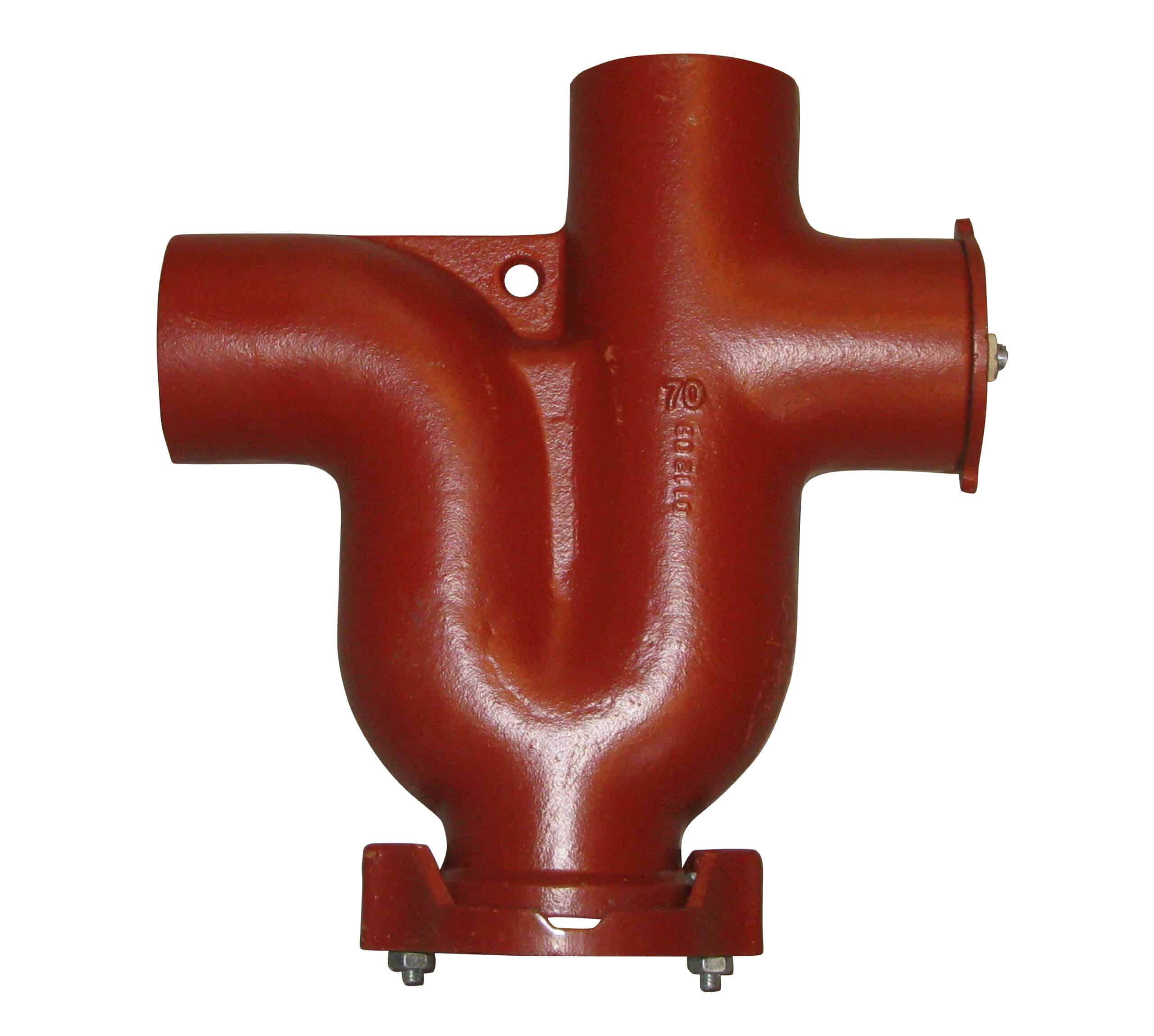 Red metal cross-shaped four-way pipe fitting with four openings, bolted flange at bottom, on white background.