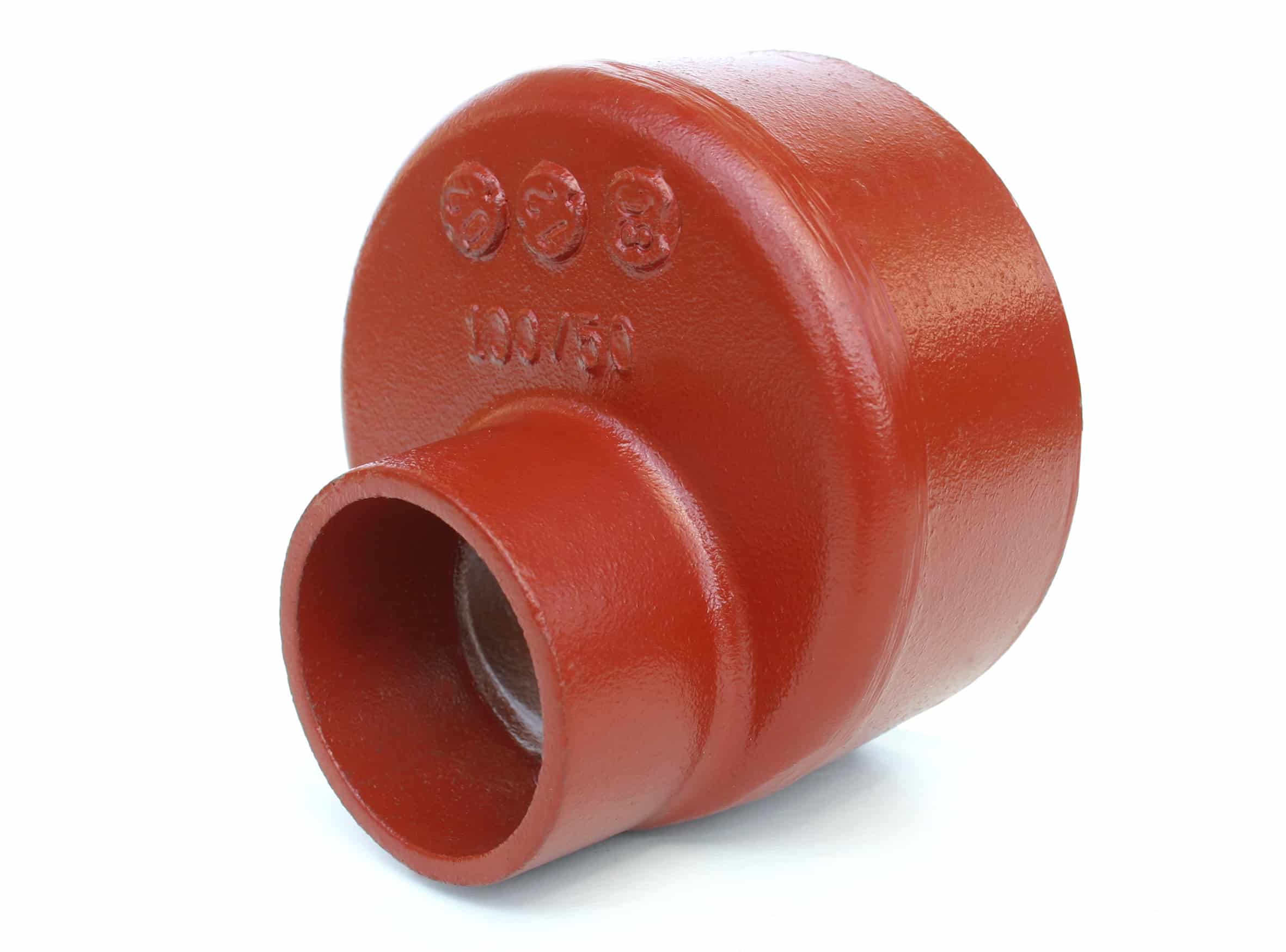 Red 90-degree PVC elbow pipe fitting with a circular opening, shown from the side.