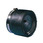 Black cylindrical rubber hose connector with a metal clamp on the side edge of a white background