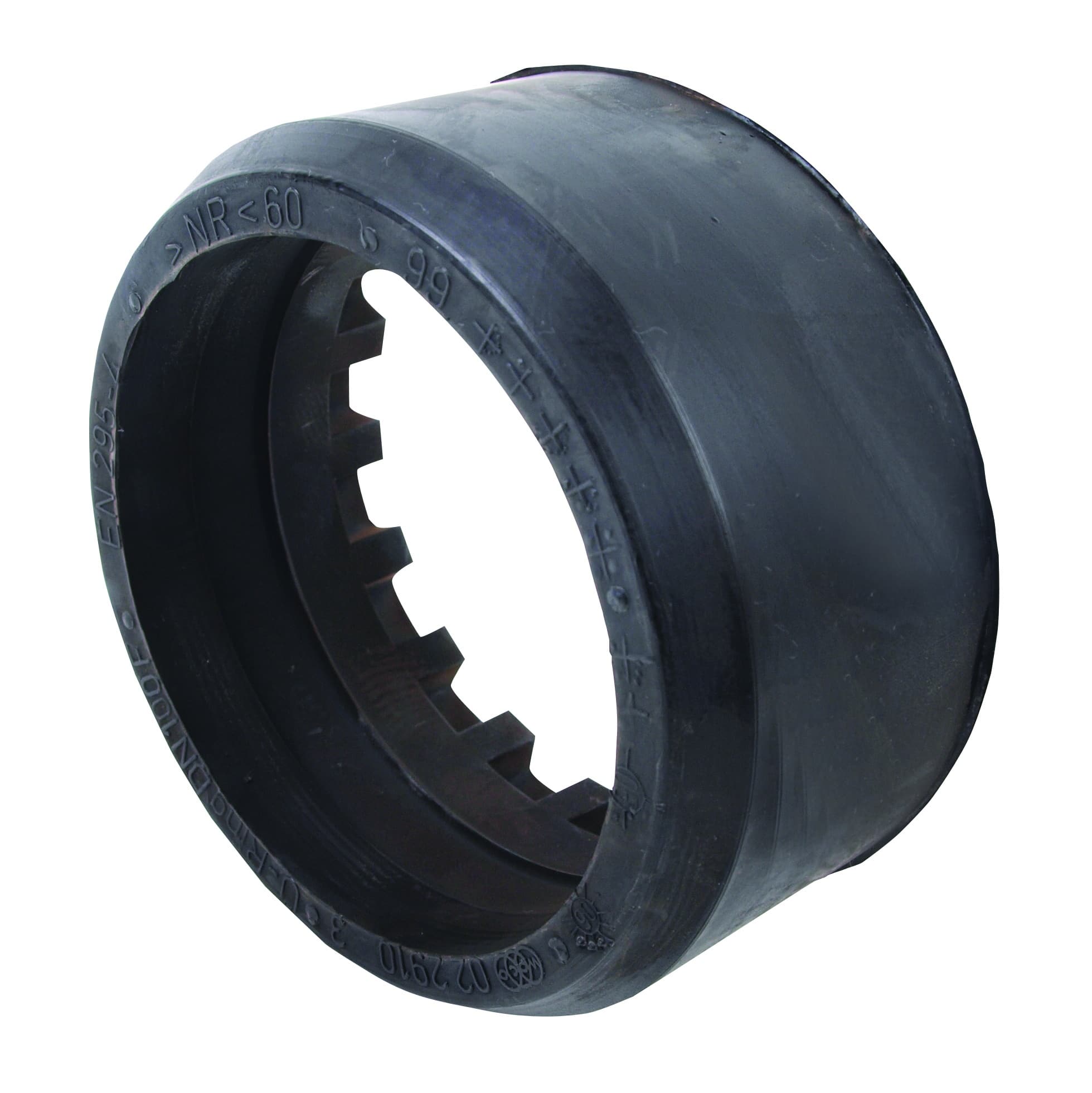 Close-up of a black circular ring with internal gear-like teeth, set against a white background.