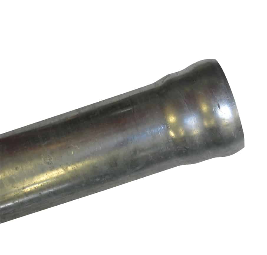 Longitudinal section of a gray metal pipe photographed diagonally, showing a slightly flared end on the right side, with a dull metallic finish.
