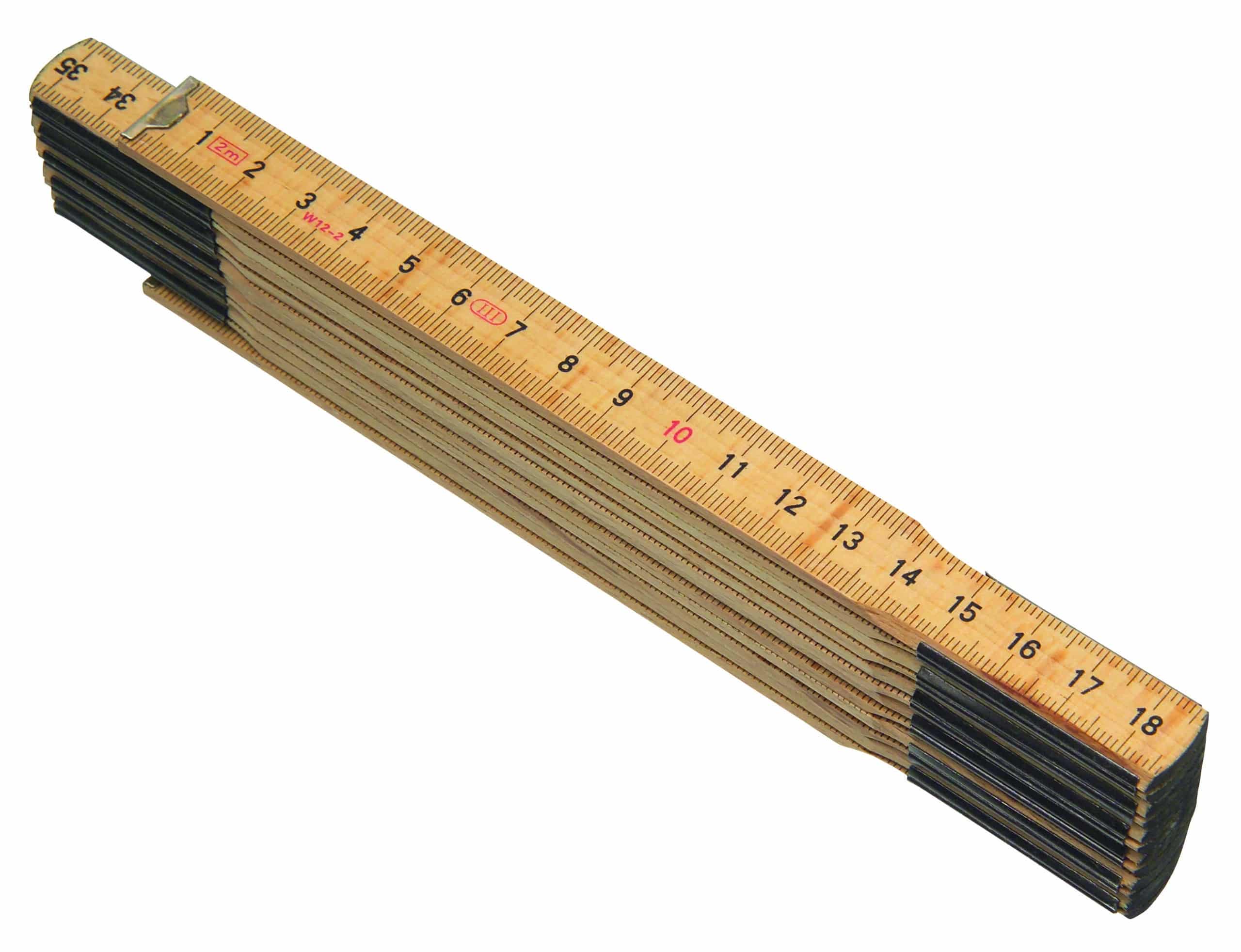 Wooden folding ruler extended diagonally, showing measurement marks from 1 to 18.