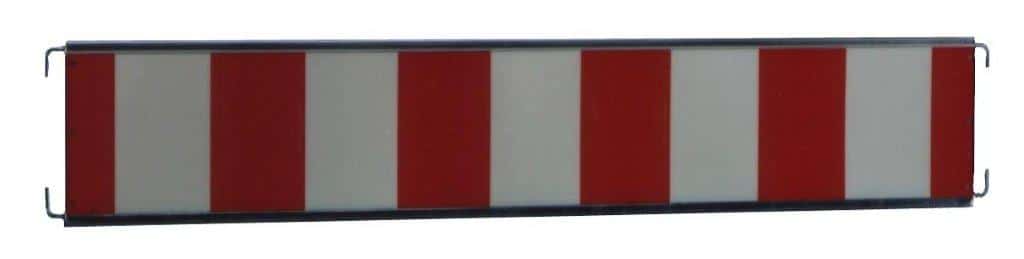 Long road barrier with red and white vertical stripes, used to block or section off an area.